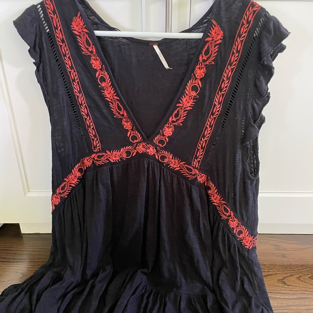 Free People Black Top with Red Embroidery